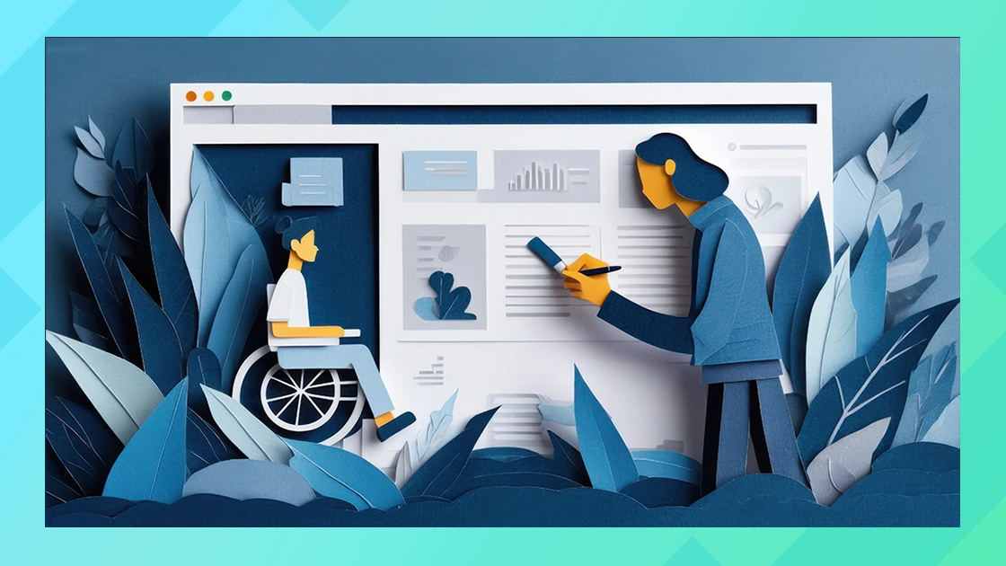 Paper cutout of designer adding accessibility features to website