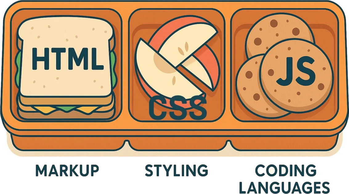 A lunch tray with 3 items representing HTML, CSS and JS