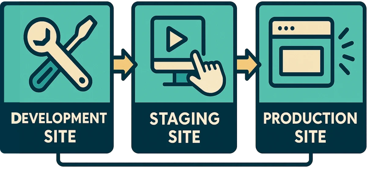 3 boxes with icons representing the stages of web development
