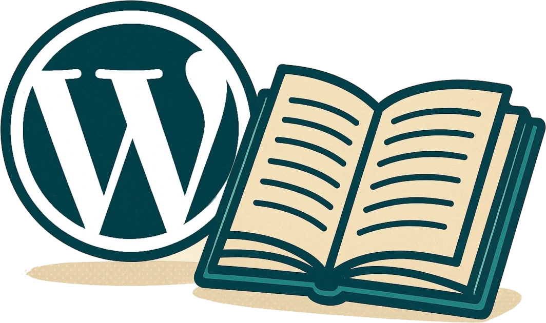 WordPress logo next to a book