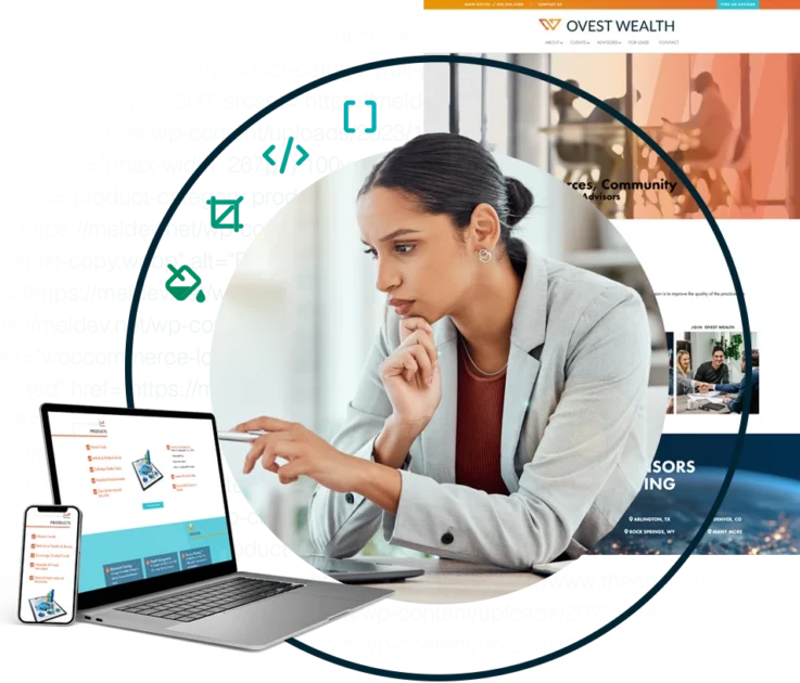 Website layout, woman looking at laptop